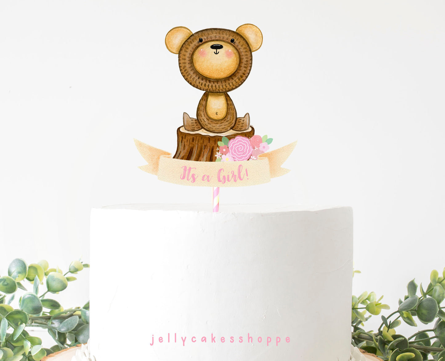 Woodland Bear Baby Shower Cake Topper for Girl, Baby Girl's 1st Birthday Cake Topper