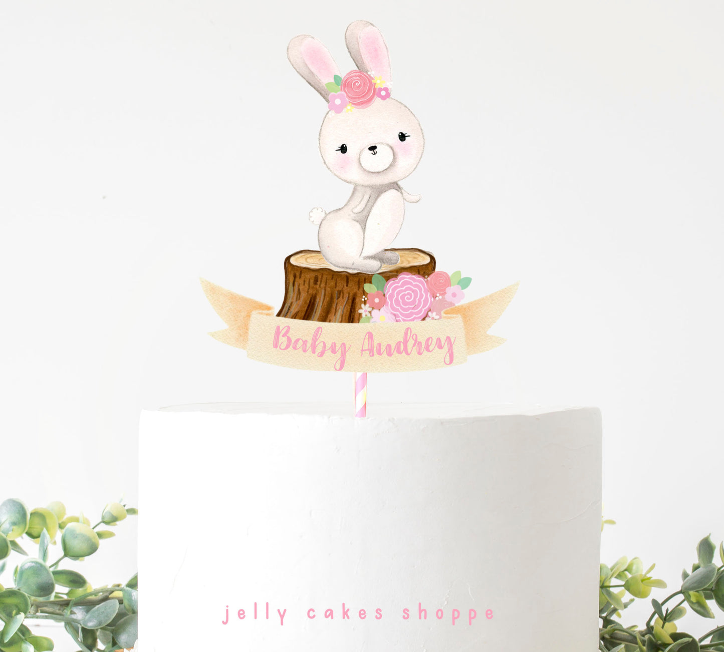 Woodland Bunny Baby Shower Cake Topper for Girl, Baby Girl's 1st Birthday Cake Topper
