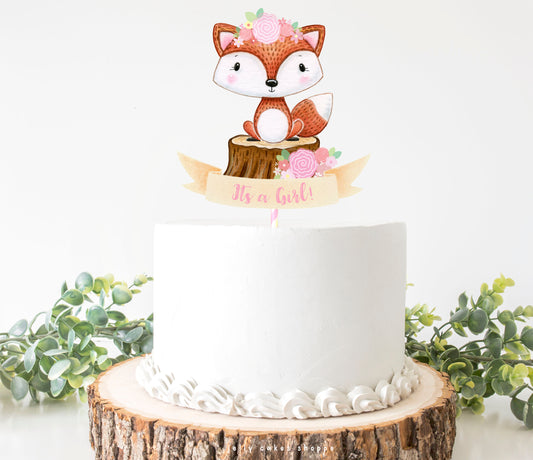 Woodland Fox Baby Shower Cake Topper for Girl, Woodland Birthday Cake Topper