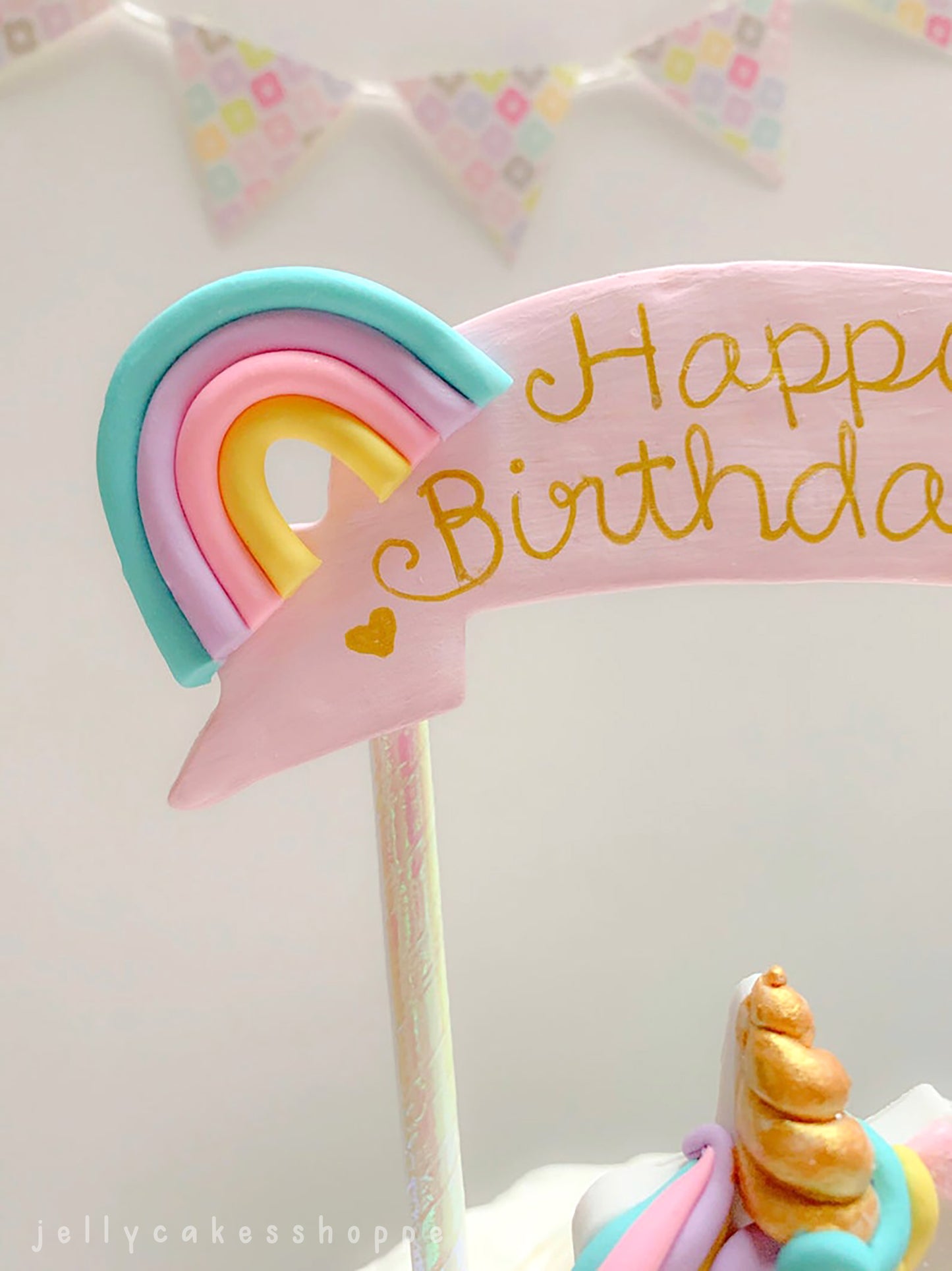 Unicorn Cake Topper with Pink Banner for Girl's Birthday