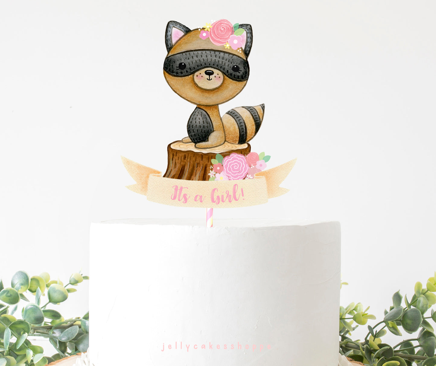 Woodland Raccoon Baby Shower Cake Topper for Girl, Baby Girl's 1st Birthday Cake Topper