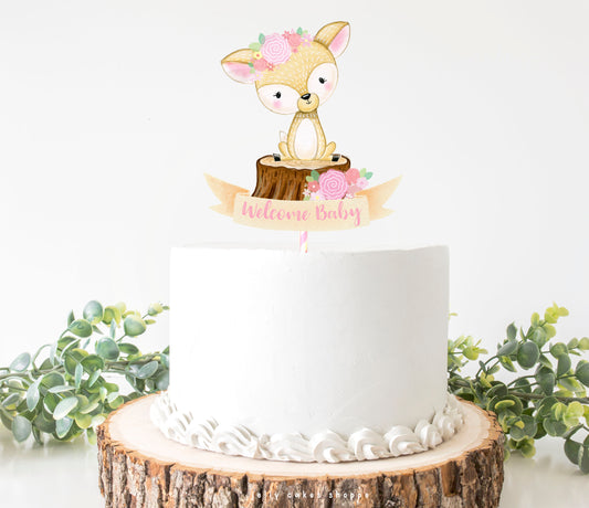 Woodland Deer Baby Shower Cake Topper for Girl, Baby Girl's 1st Birthday Cake Topper