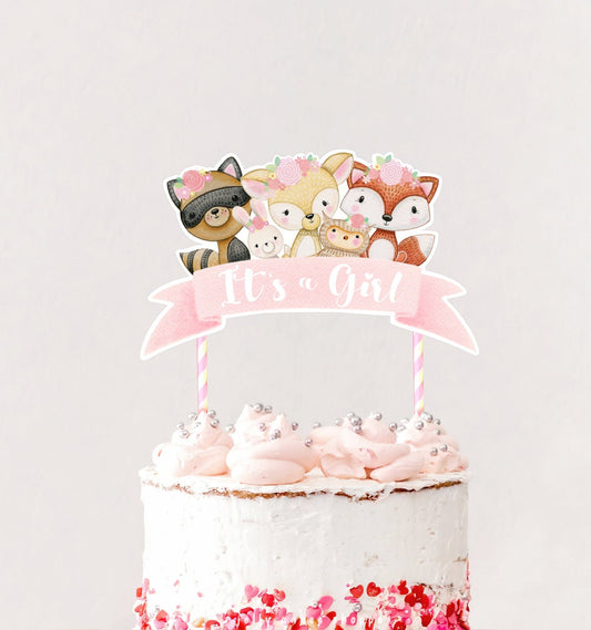 Woodland Animals Baby Shower Cake Topper, Baby Girl's 1st Birthday Cake Topper