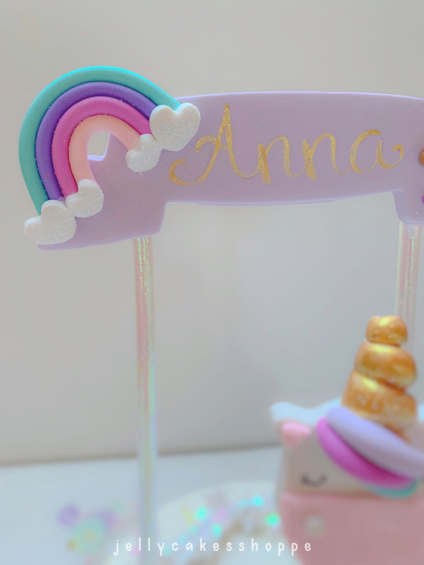 Rainbow Unicorn Cake Topper with Lavender Banner