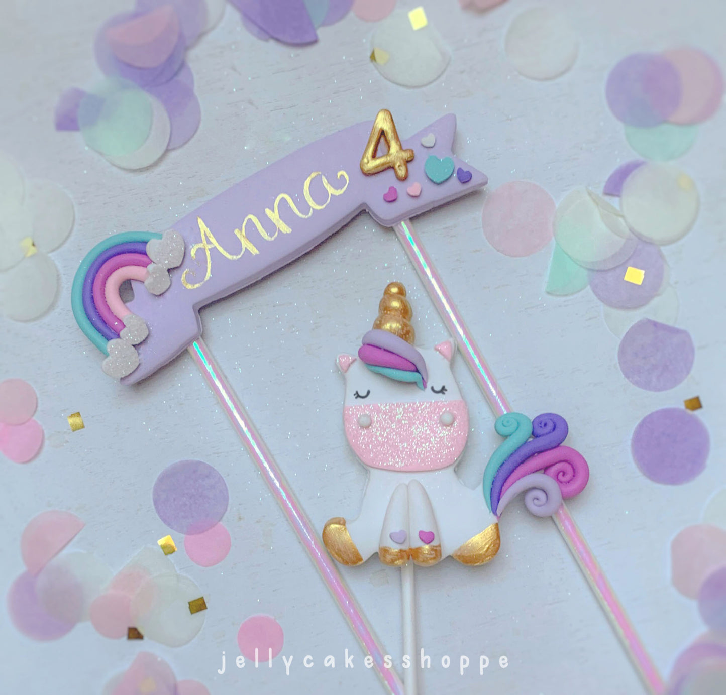 Rainbow Unicorn Cake Topper with Lavender Banner