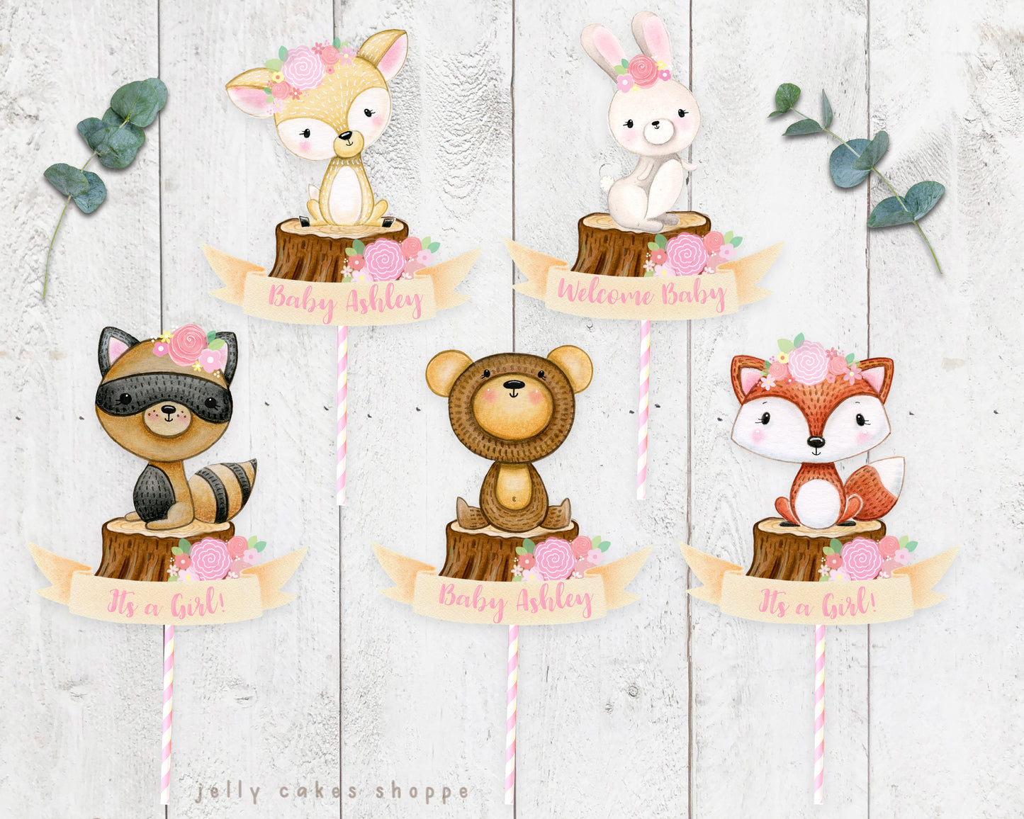 Woodland Raccoon Baby Shower Cake Topper for Girl, Baby Girl's 1st Birthday Cake Topper