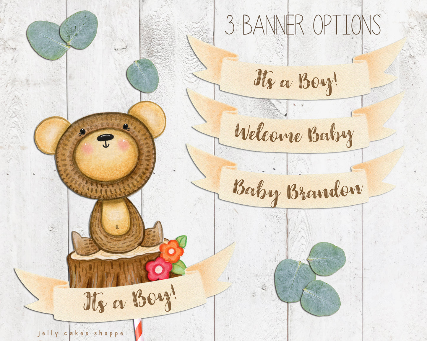 Woodland Bear Baby Shower Cake Topper, Woodland Birthday Cake Topper