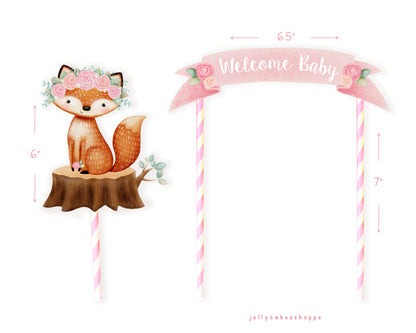Fox Baby Shower Cake Topper for Girl, Woodland Birthday Cake Topper