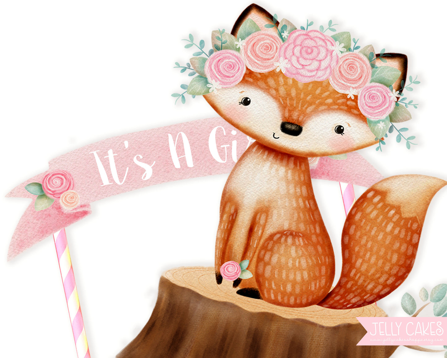 Fox Baby Shower Cake Topper for Girl, Woodland Birthday Cake Topper