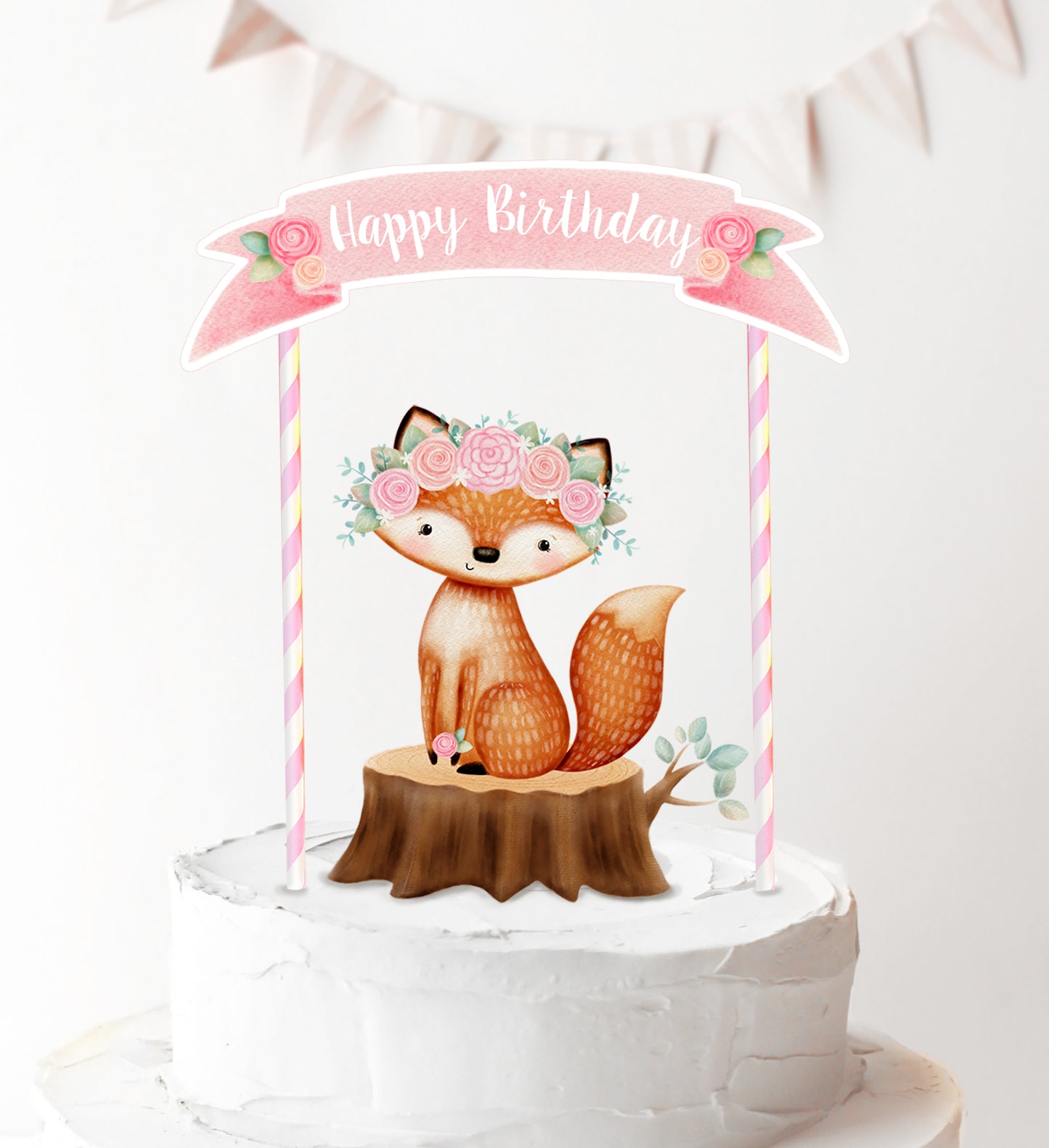 Fox Baby Shower Cake Topper for Girl, Woodland Birthday Cake Topper