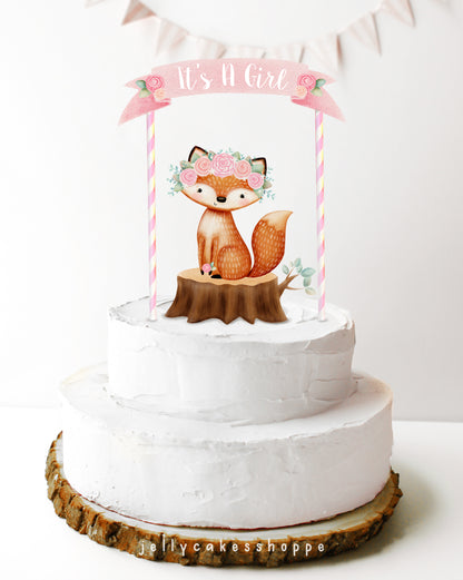 Fox Baby Shower Cake Topper for Girl, Woodland Birthday Cake Topper
