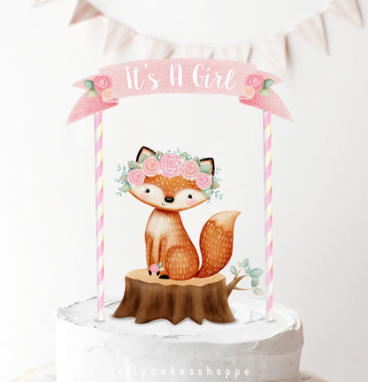 Fox Baby Shower Cake Topper for Girl, Woodland Birthday Cake Topper