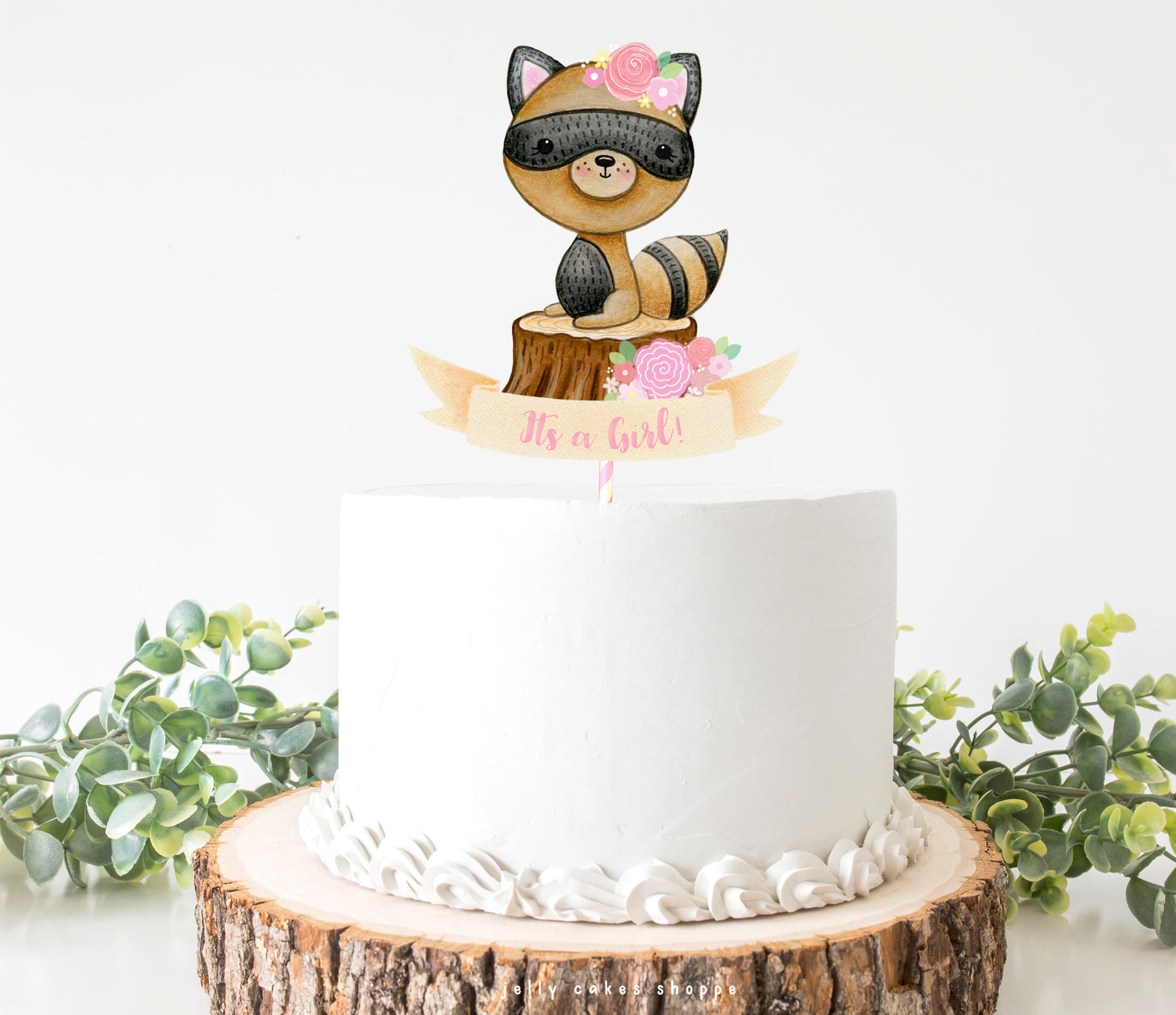 Woodland Raccoon Baby Shower Cake Topper for Girl, Baby Girl's 1st Birthday Cake Topper