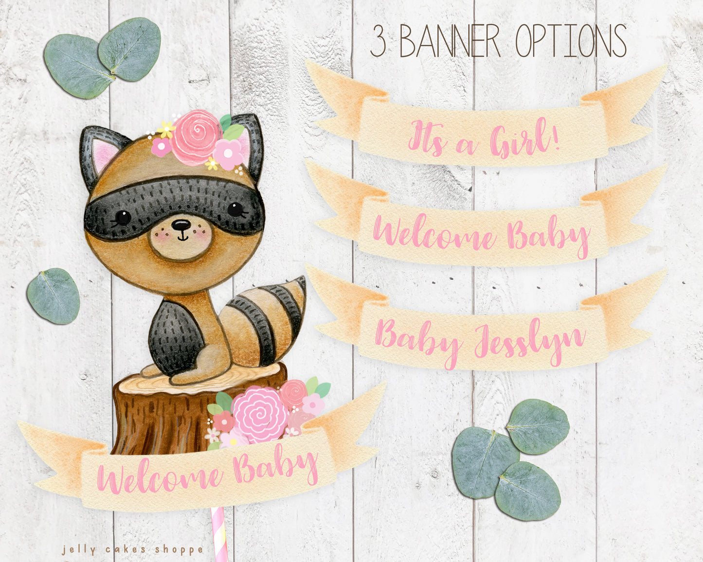 Woodland Raccoon Baby Shower Cake Topper for Girl, Baby Girl's 1st Birthday Cake Topper