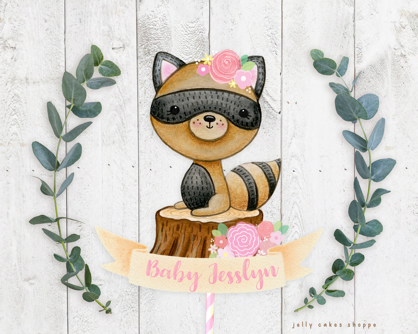 Woodland Raccoon Baby Shower Cake Topper for Girl, Baby Girl's 1st Birthday Cake Topper