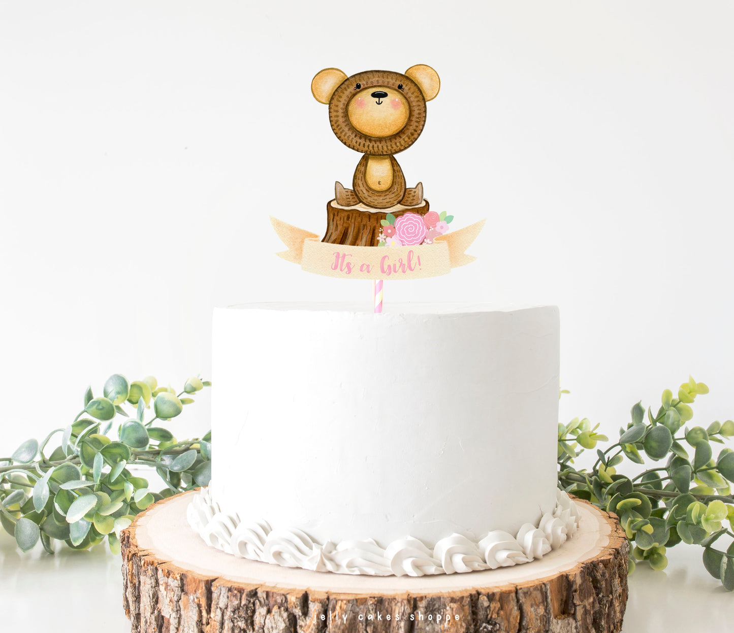 Woodland Bear Baby Shower Cake Topper for Girl, Baby Girl's 1st Birthday Cake Topper