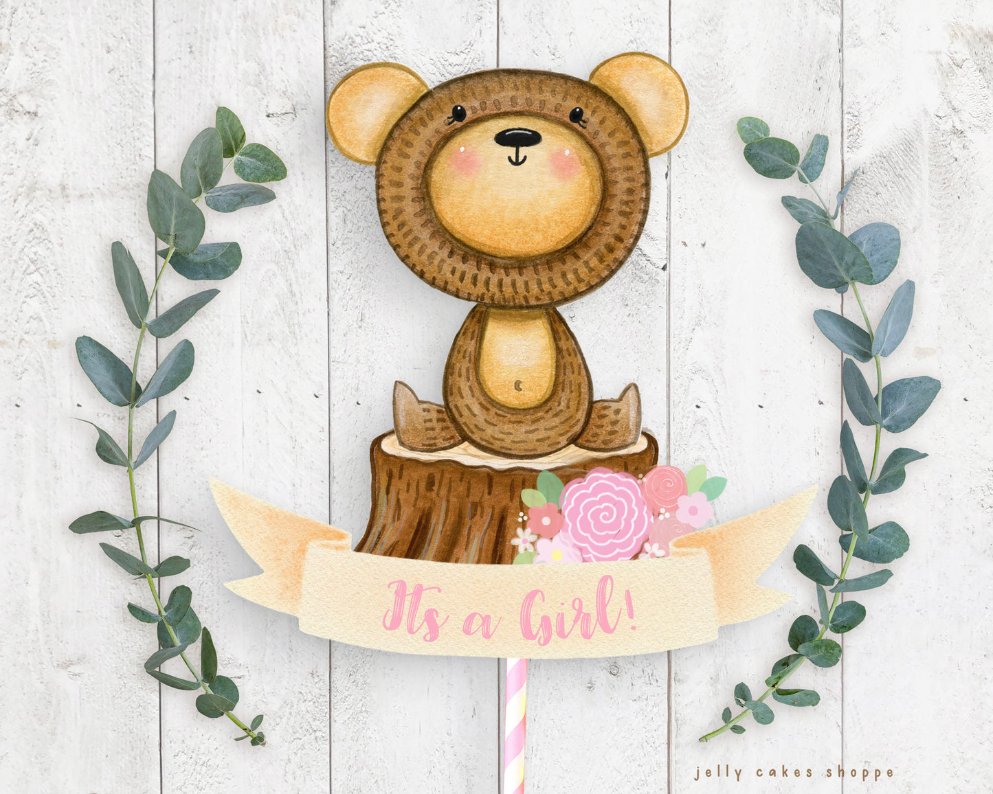 Woodland Bear Baby Shower Cake Topper for Girl, Baby Girl's 1st Birthday Cake Topper