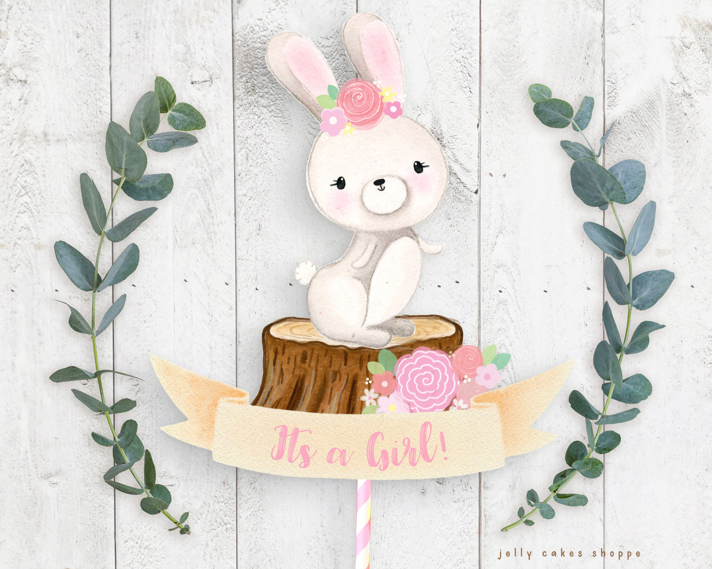 Woodland Bunny Baby Shower Cake Topper for Girl, Baby Girl's 1st Birthday Cake Topper