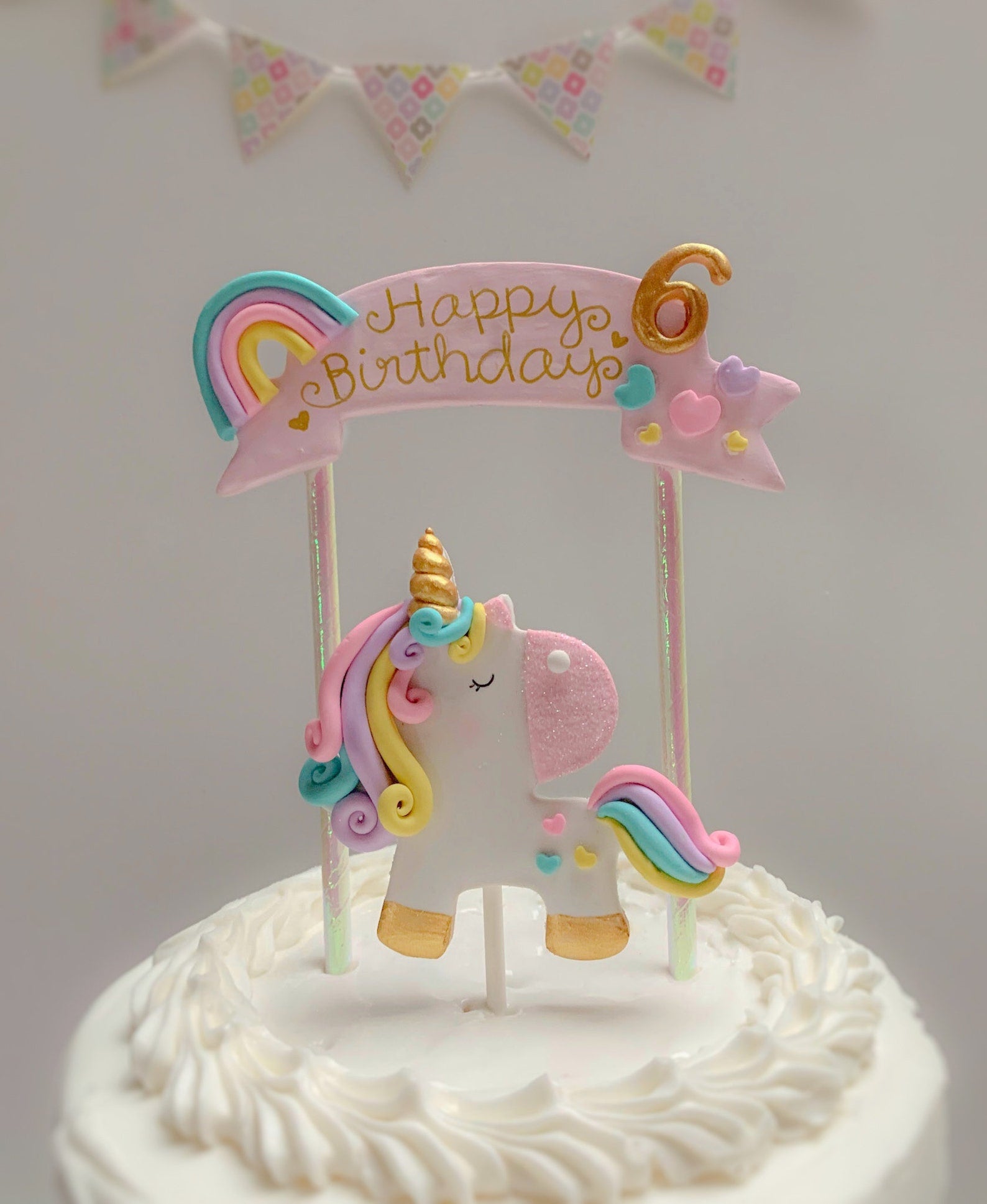 Unicorn Cake Topper With rainbow & Hearts - personalised With name