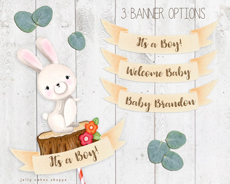 Woodland Bunny Baby Shower Cake Topper for Boy, Baby Boy's 1st Birthday Cake Topper